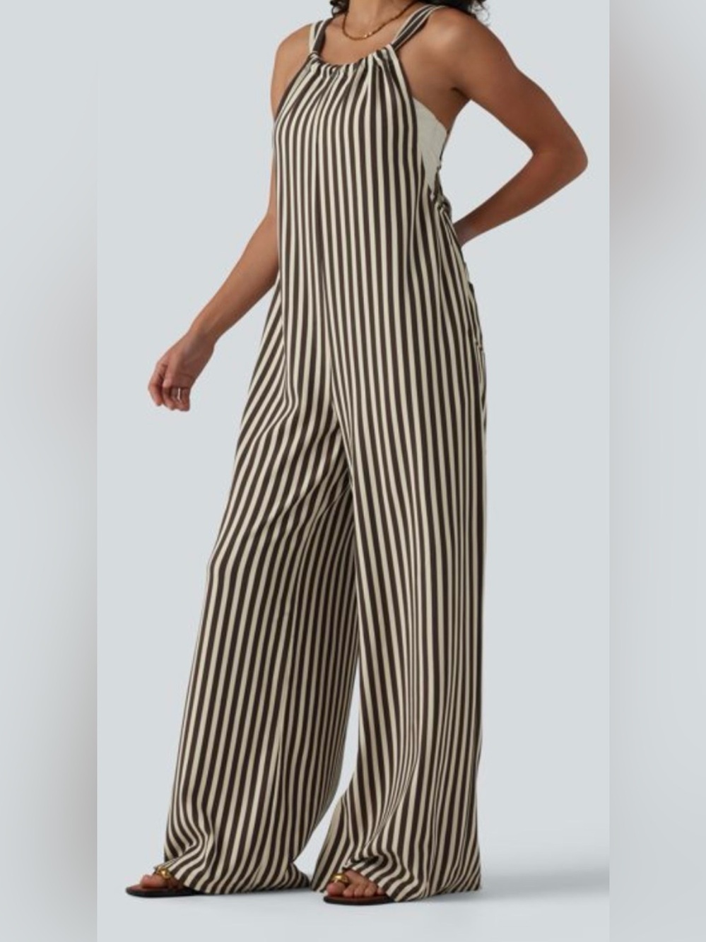 HALARA Brown and White Vertical-Stripe Wide-Leg Jumpsuit Women’s Size Large